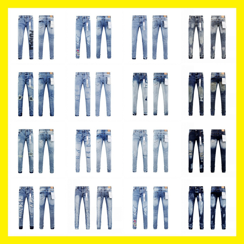 Foreign Trade Wholesale American High Street Fashion Brand Purple Small Feet Straight-Leg Splash Graffiti Scratched Hole Tight Jeans