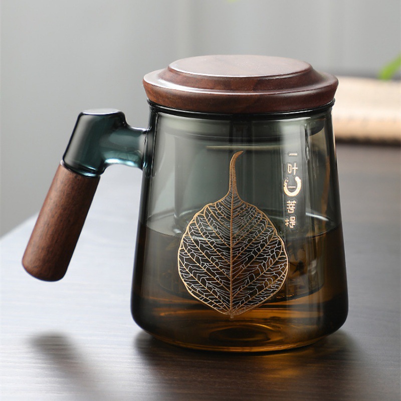 高硼硅帶蓋帶把手茶杯家用側木把泡茶喝水杯新款辦公室玻璃觀山杯