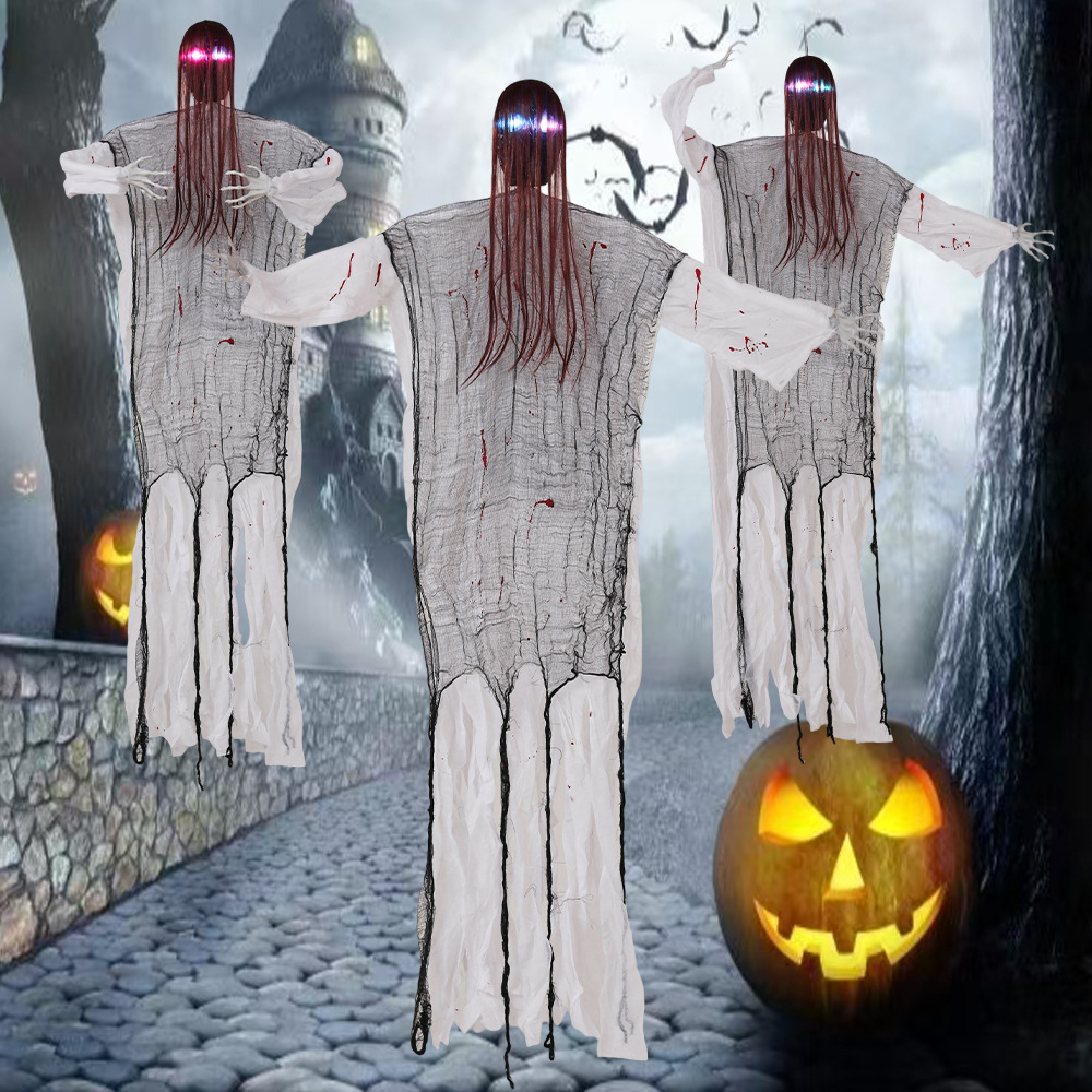 Decoraciones de Halloween, rostro de sangre brillante de terror, cabello largo, fantasma colgante, bar, casa embrujada, habitación secreta, accesorios, peluca, fantasma colgante