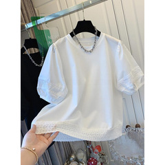 2025年年齢を減らして見栄えの良いフレンチスタイルの美しいレースパフスリーブ半袖Tシャツボトリングシャツ女性用ルーズトップ