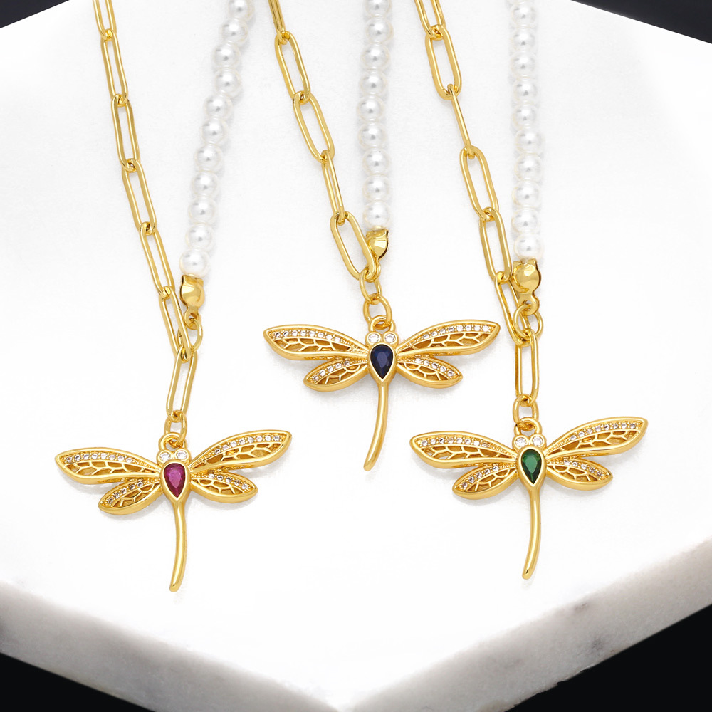 Fashion Dragonfly Copper Pendant Necklace Pearl Plating Inlay Zircon Copper Necklaces