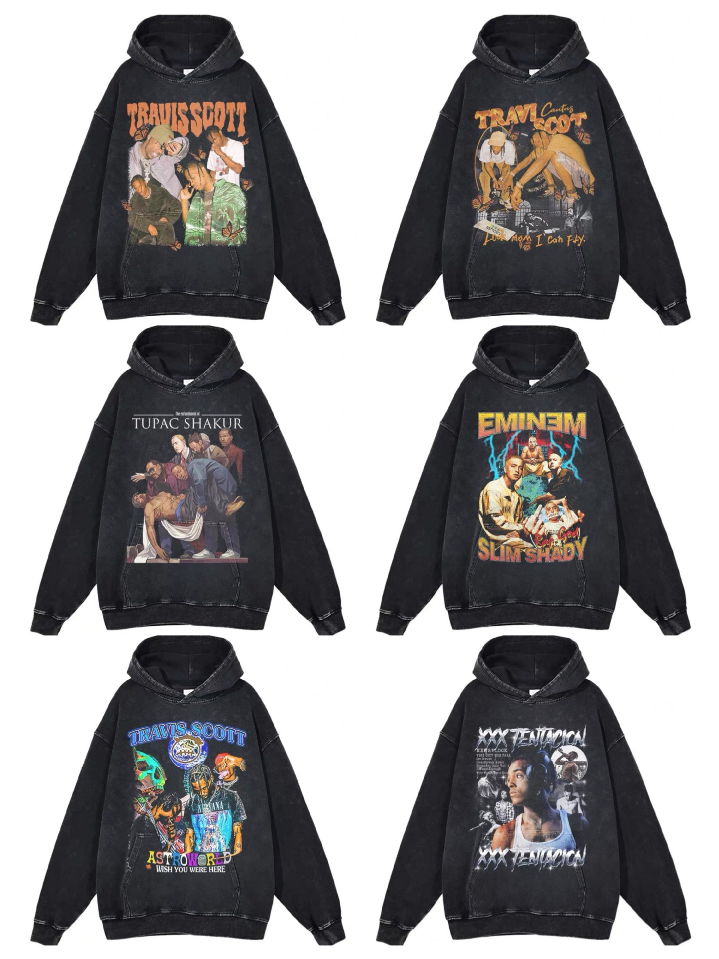 Eminem Travis Scott Tupac XXX American Hip Hop Rap Vintage Imprint Water Washed Hooded Sweater