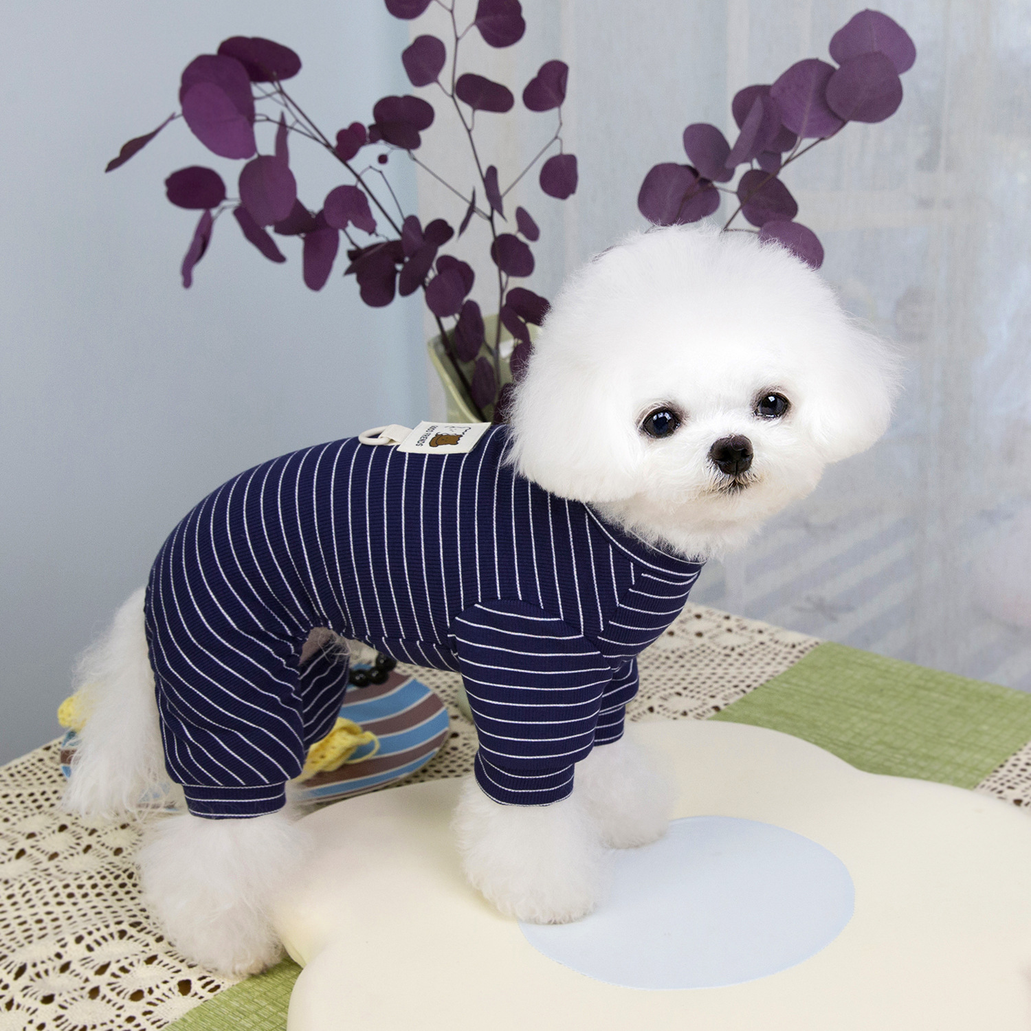 Primavera y verano perros rayas frescas etiqueta de tela coreana ropa de cuatro patas para perros pequeños y medianos gatos mascotas ropa de peluche