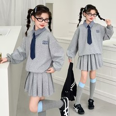 女孩半身裙两件套中大童学院风假两件纯色气质韩版长袖卫衣裙套装