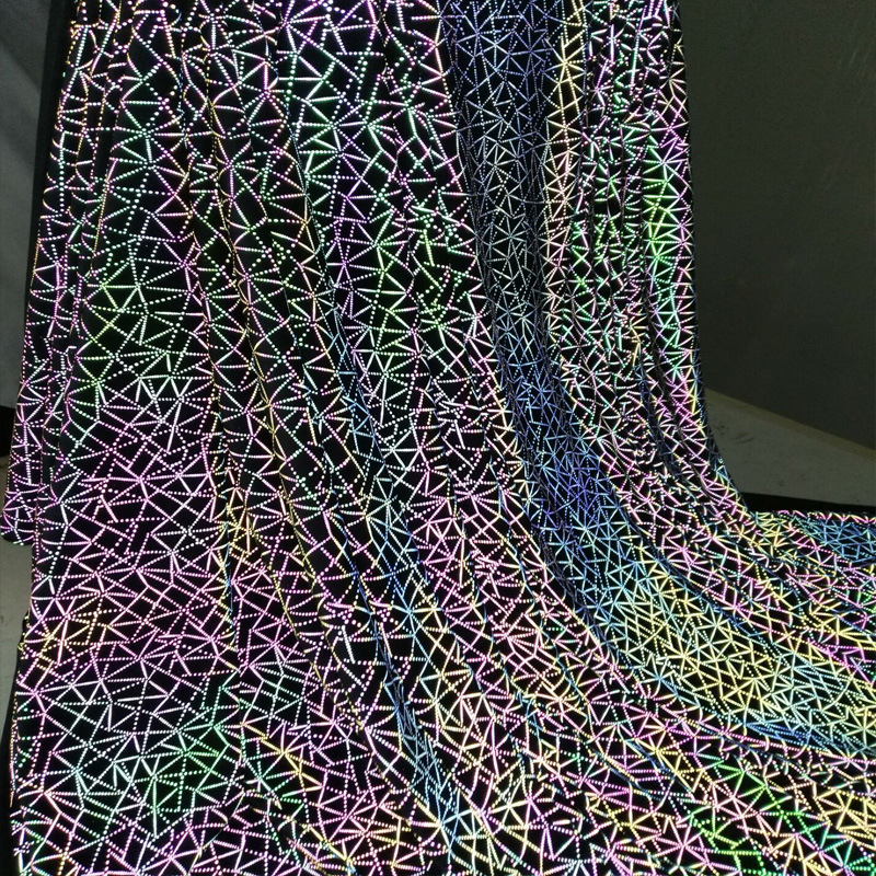 七彩网形反光印花布炫彩连衣裙休闲服反光面料幻彩涤纶反光化纤布