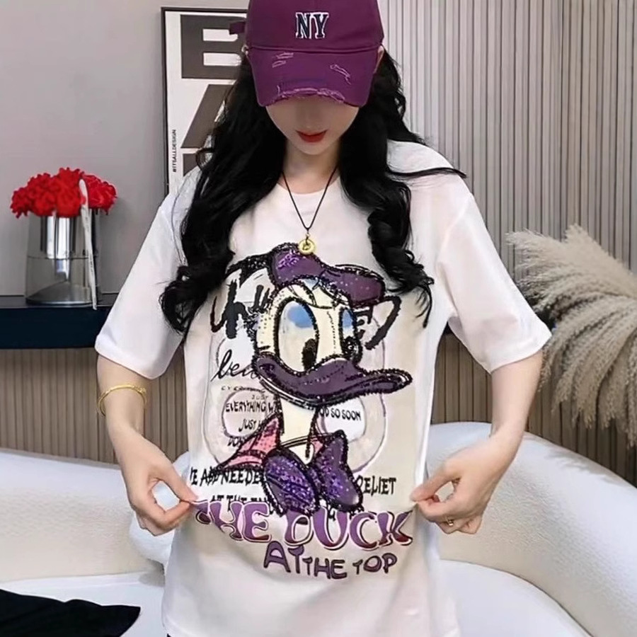 Estación europea Donald impreso camiseta de manga corta para mujeres 2024 verano nuevo estilo relajado delgado de moda casual image 3
