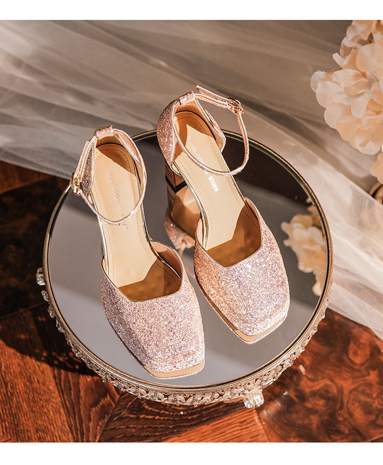 Zapatos de tacón grueso con plataforma impermeables Y9678, con hebilla brillante, ideales para bodas, banquetes y eventos sociales._voghion.com