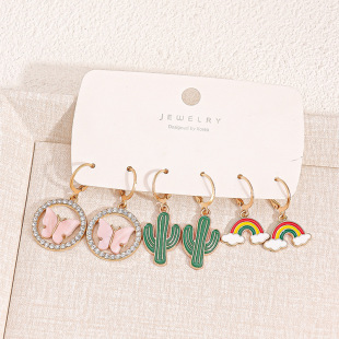 Sweet cartoon zinc alloy women's earrings, butterfly cactus rainbow pendant earrings multi-element jewelry set