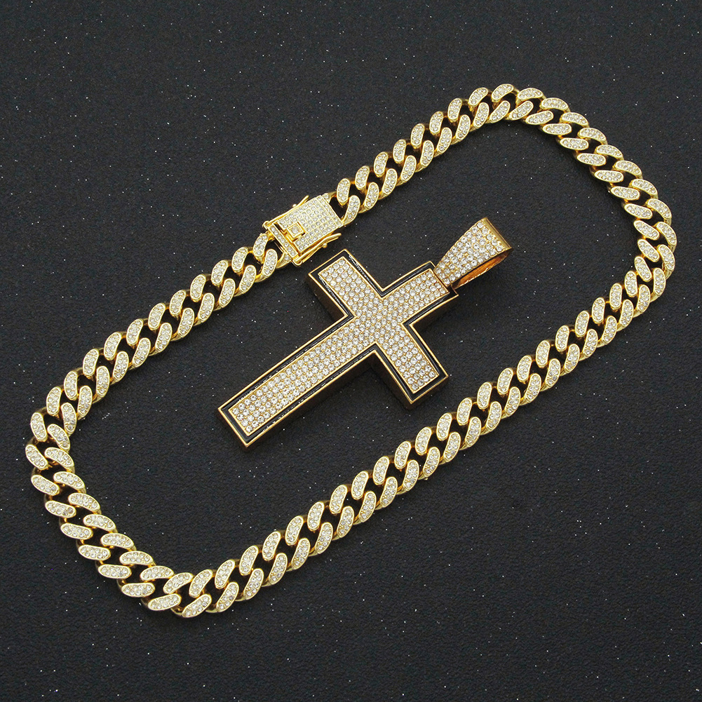 Fashion full diamond cross pendant Cuban chain alloy necklace wholesale