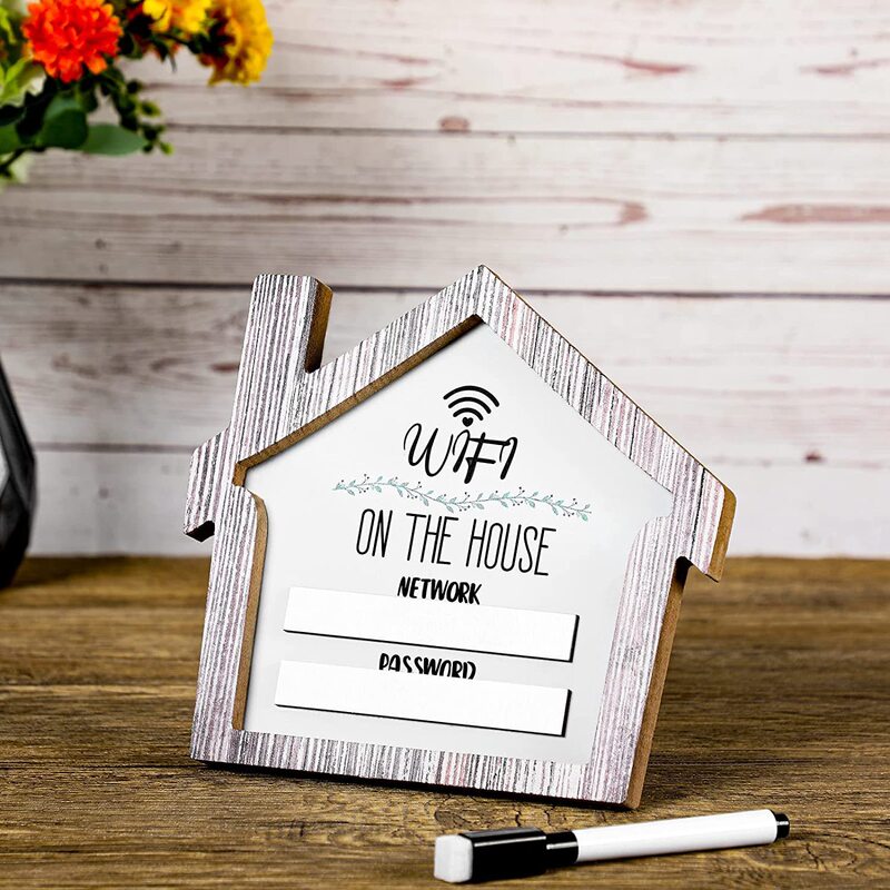 Wooden Creative Wireless Network Tips Set Table Wooden House Small Photo Frame Desktop Set WiFi Password Display Table