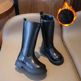 Children's leather shoes 2023 autumn and winter New girls' fleece-lined warm boots girls' side zipper black high-top Martin boots