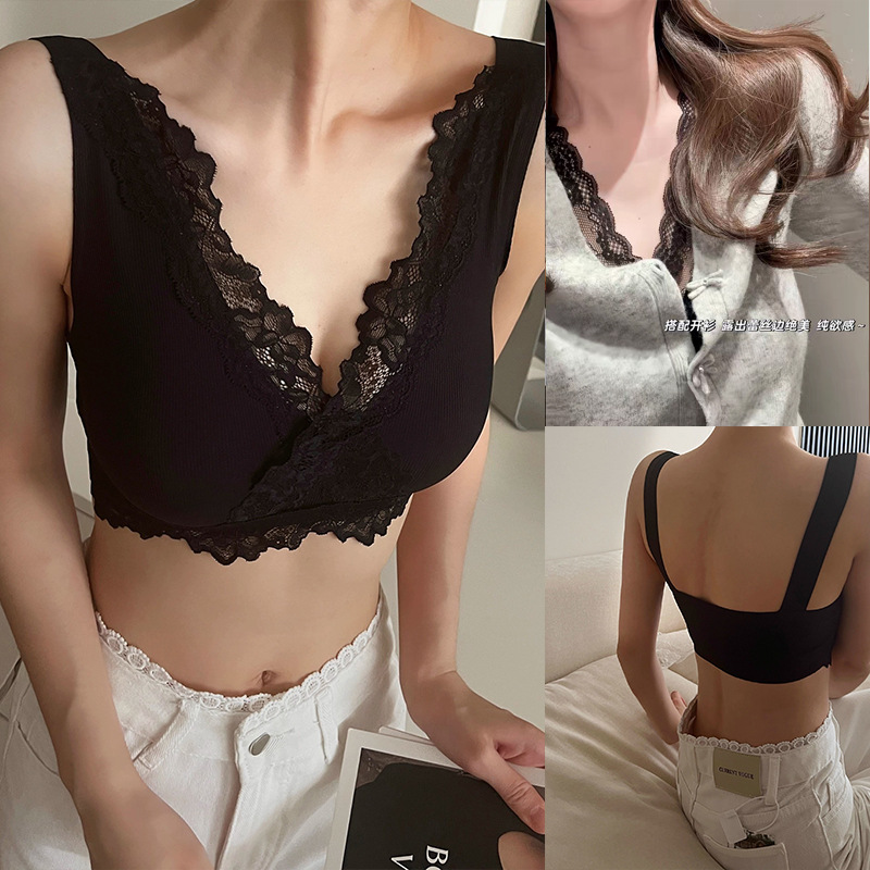 French Deep V Lace Sexy Intimates Women's Thin Push-Up Pull-Up No Rims Wide Shoulder Pullover Vest Style Bra