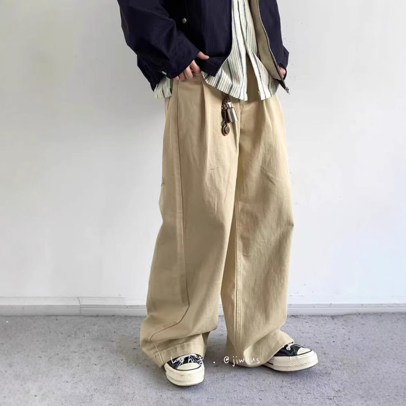 Japanese Style khaki Overalls Men's Washed Wide-leg Trousers Fashional Brand American Style Retro Pleated Straight Loose Casual Pants