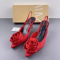 New 2024 Autumn Shallow Mouth Pointed Thin Heel Sandals Women's Red Rose Blossom Back Tie High Heels Women's Shoes