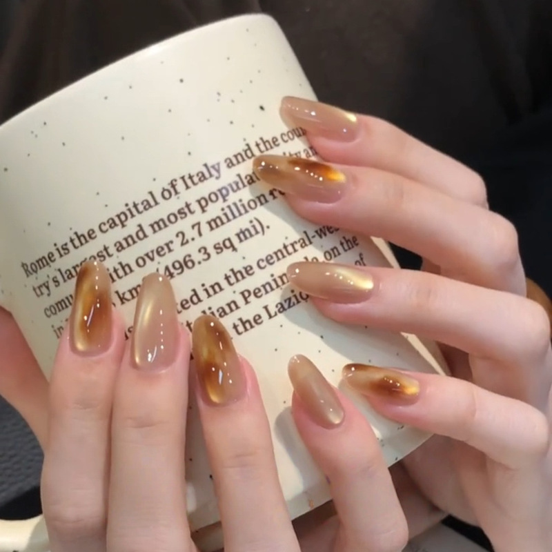 Rich Daughter's Amber Gradient Cat-Eye Pure Handmade Wearable Nails, Whitening and High-End Manicure Patches, Fake Nails