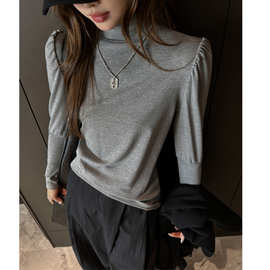 天丝泡泡袖半高领正肩高级感长袖t恤女内搭秋冬可外穿打底衫上衣