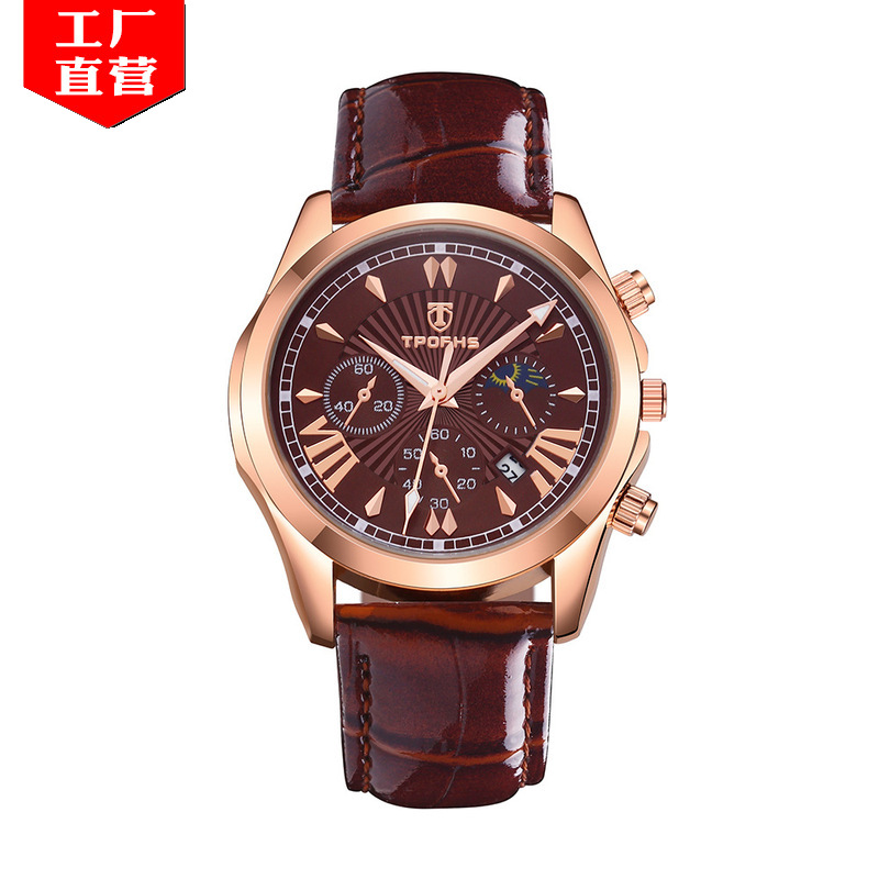 TPOFHS新款厂家直供韩版防水情侣表 装饰三眼带日历皮带石英表|ms