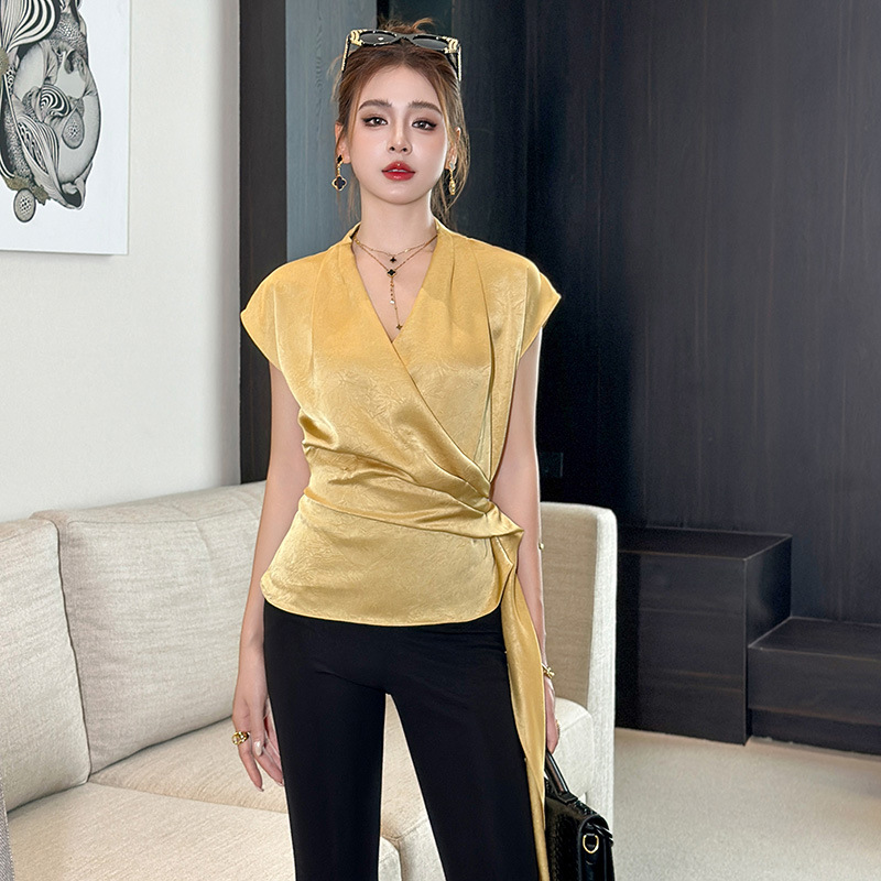 Áo sơ mi nữ cổ V dây rút eo thiết kế thanh lịch — nghệ