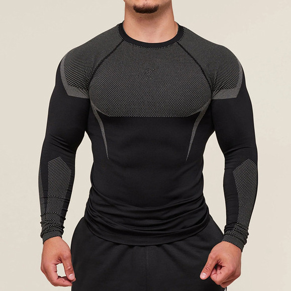 Cross-Border European and American Quick-Drying Sports Tight-Fitting Long-Sleeved T-Shirt Men's Printed Elastic Breathable Iron Fitness Training Top