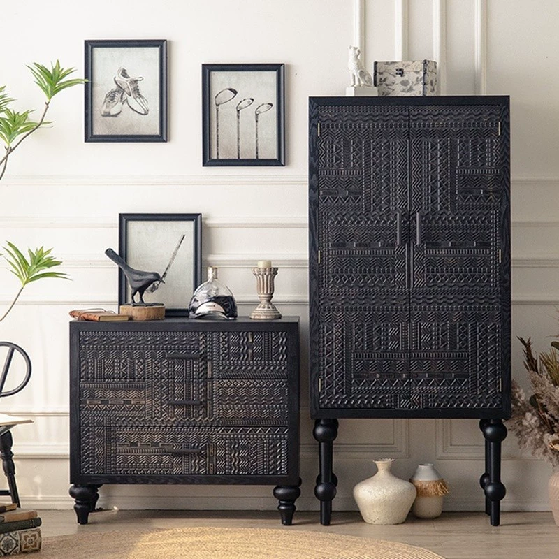 Оптовая продажа черного шкафа для обуви в американском стиле, винтажного шкафа, буфета, современной резной мебели из массива дерева, легкого роскошного прихожей.