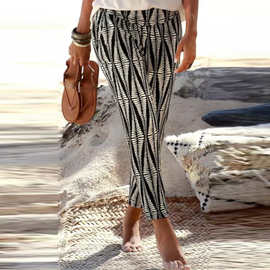 女装夏季新款女式时尚高腰印花裤直筒街头休闲裤