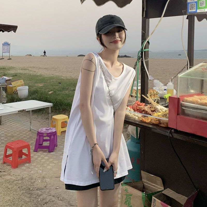 YXBB白色無袖t恤女夏季外穿設計感小眾內搭上衣復古開叉長款運動