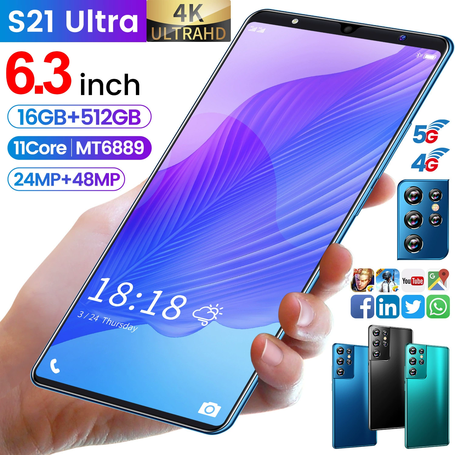 Смартфон S21, Android, 6,3-дюймовый, 4+64 ГБ, 5G/4G, отпечаток пальца и распознавание лица