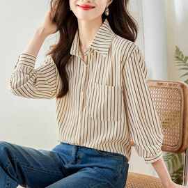 实拍早春新款全棉条纹衬衣女潘领长袖衬衫