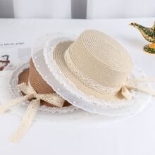 批发新款草帽女夏季透气遮阳防晒蝴蝶结网纱平顶帽旅游时尚太阳帽