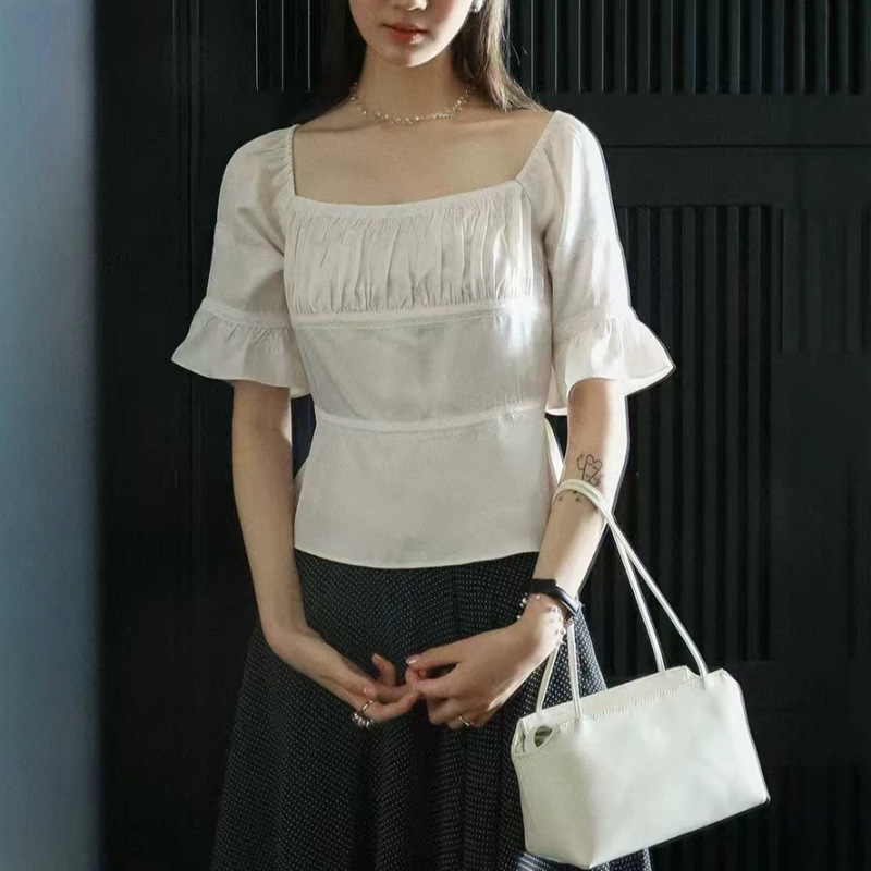 Acetate French-Style Puff Sleeve Slim-Fit Lace Patchwork Short-Sleeve Shirt for Women with Square Collar Acetate French-Style Puff Sleeve Slim-Fit Lace Patchwork Short-Sleeve Shirt for Women with Square Collar