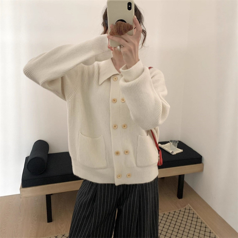 韩系翻领双排扣软糯毛衣开衫女2025秋冬新款短款针织外套宽松上衣|undefined