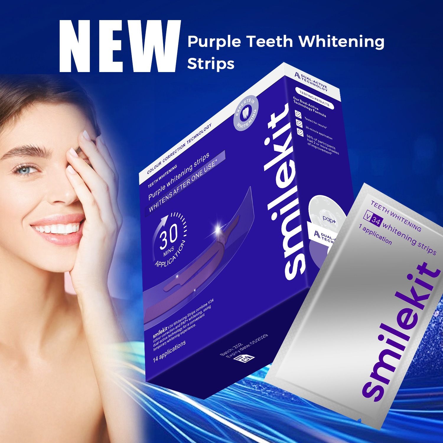 New v34 purple teeth whitening strips, popular cross-border product, whitening strips, large purple box