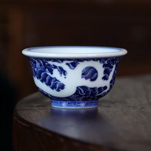 记石柴窑 手绘青花海水暗龙纹压手杯陶瓷全手工喝茶茶杯单杯茶盏