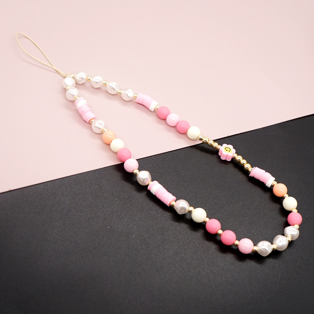 European And American Bohemian Style 8mm White Imitation Pearl 8mm Acrylic Round Beads Anti-lost Wrist Lanyard Mobile Phone Charm Women display picture 4