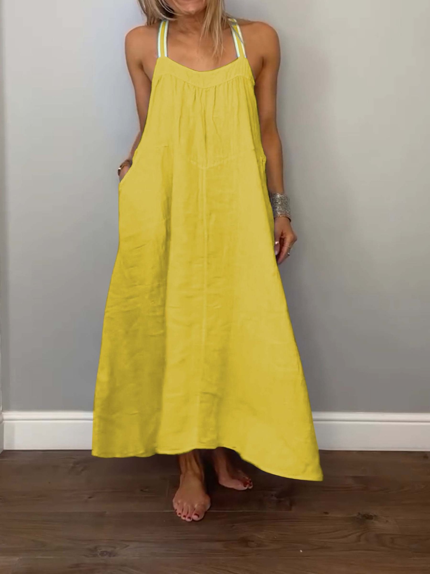 280g Weight Maxi Long Dress Dress Length Type Sleeveless Sleeve Length Strap Dress Dresses Type Cotton and Linen Fabric Type Mid Waist Waist Line Daily Occasion Strap Neckline Loose Fit Type Solid Color Pattern Summer Season Women's Gender Pocket Design Casual Style Wholesale Women's Casual Pocket Solid Color Daily Strap Sleeveless Strap Dress 11