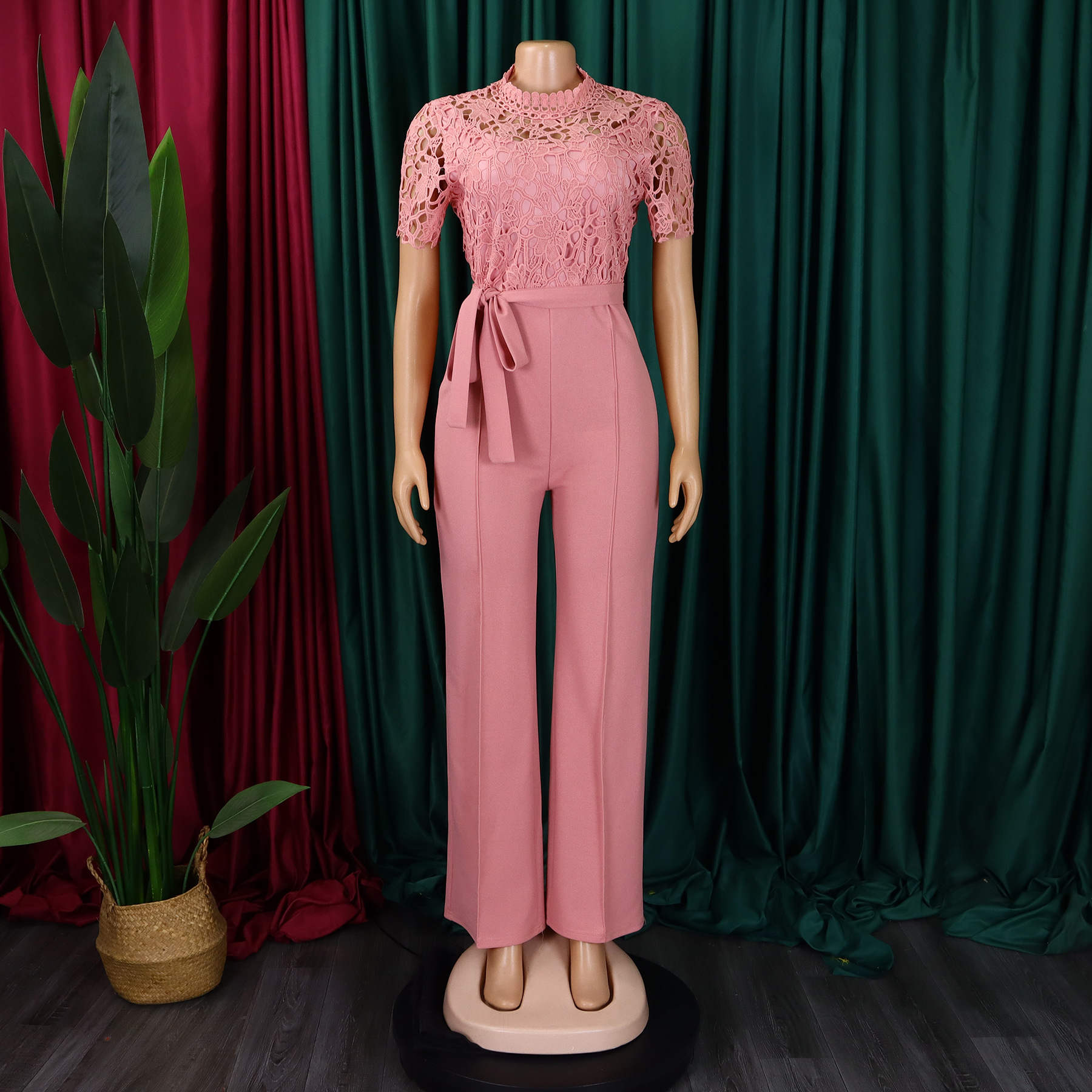 546g Weight Short Sleeve Sleeve Length Polyester Fabric Type High Waist Waist Line Jumpsuits Pants Type Daily Occasion Loose Fit Type Solid Color Pattern Summer Season Women's Gender Lace Design Casual Style Women's Daily Casual Solid Color Lace Jumpsuits 1