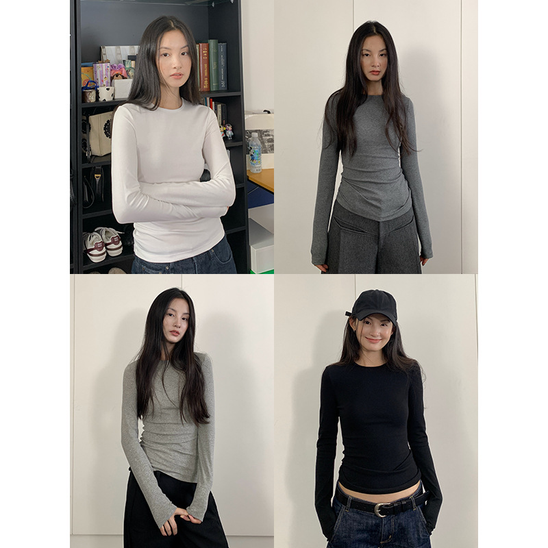 楠涛正肩t恤长袖圆领打底衫女士秋季显瘦修身基础款休闲内搭上衣