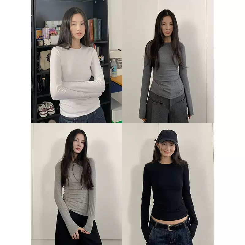 楠涛正肩t恤长袖圆领打底衫女士秋季显瘦修身基础款休闲内搭上衣