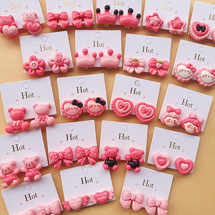 Rose Black Series children's ear clip without pierced cute glossy AB bow bear earrings student ear jewelry