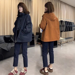 厂家直销风衣女中长款2025秋冬休闲设计感工装连帽夹棉外套棉衣潮