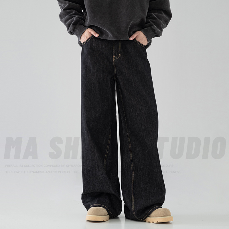 American Retro Original Denim Color Wide-Leg Jeans for Men, Simple and Versatile, Drapey Casual Long Pants, Loose Straight Pants