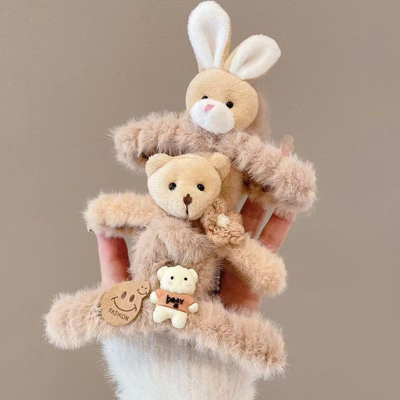 秋冬新款毛絨抓夾大號鯊魚發抓後腦勺發卡夾子女頭飾毛毛兔子髮夾