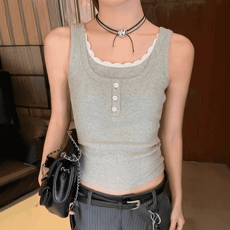 Pure Desire 韓国レースフェイクツーピース I 字型ベスト 2025 女性の痩身ホットガールショートアウタートップ|undefined