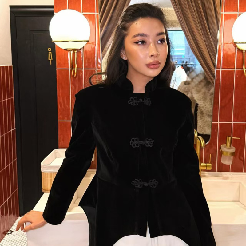 Za New Women's Clothing, New Chinese-Style Slim-Fit Stand-Collar Long-Sleeve Jacket with Multiple Buttoned Tassels and Short Design