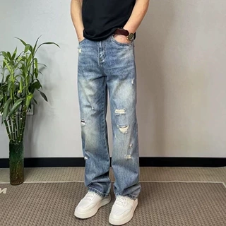美式水洗做旧破洞牛仔裤男士潮牌痞帅宽松休闲裤子乞丐直筒长裤子