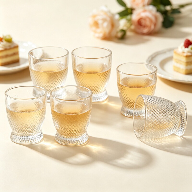 Creative diamond-shaped flame cup six-piece set with tray for family gatherings, featuring transparent amber and gold foil printing