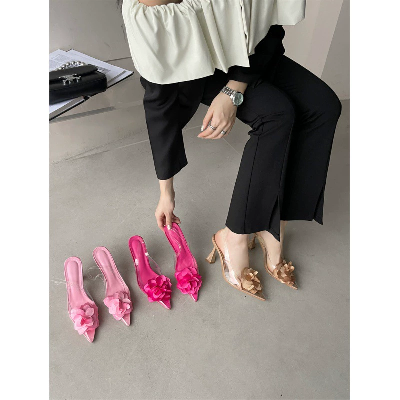 Летние женские туфли 2025 года, европейская и американская мода, цветочный дизайн, заостренный носок, шпилька, босоножки с ремешком на щиколотке, высокий каблук, экспорт, размер 41