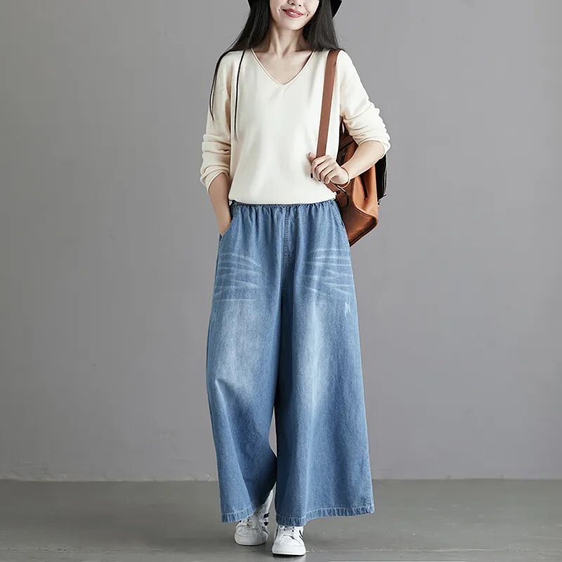 Denim Wide-Leg Pants for Women, Nine-Point Spring and Summer New Style, Loose High-Waisted Big-Leg Pants, Large Size Slimming Look Korean Style Drapedy Long Pants
