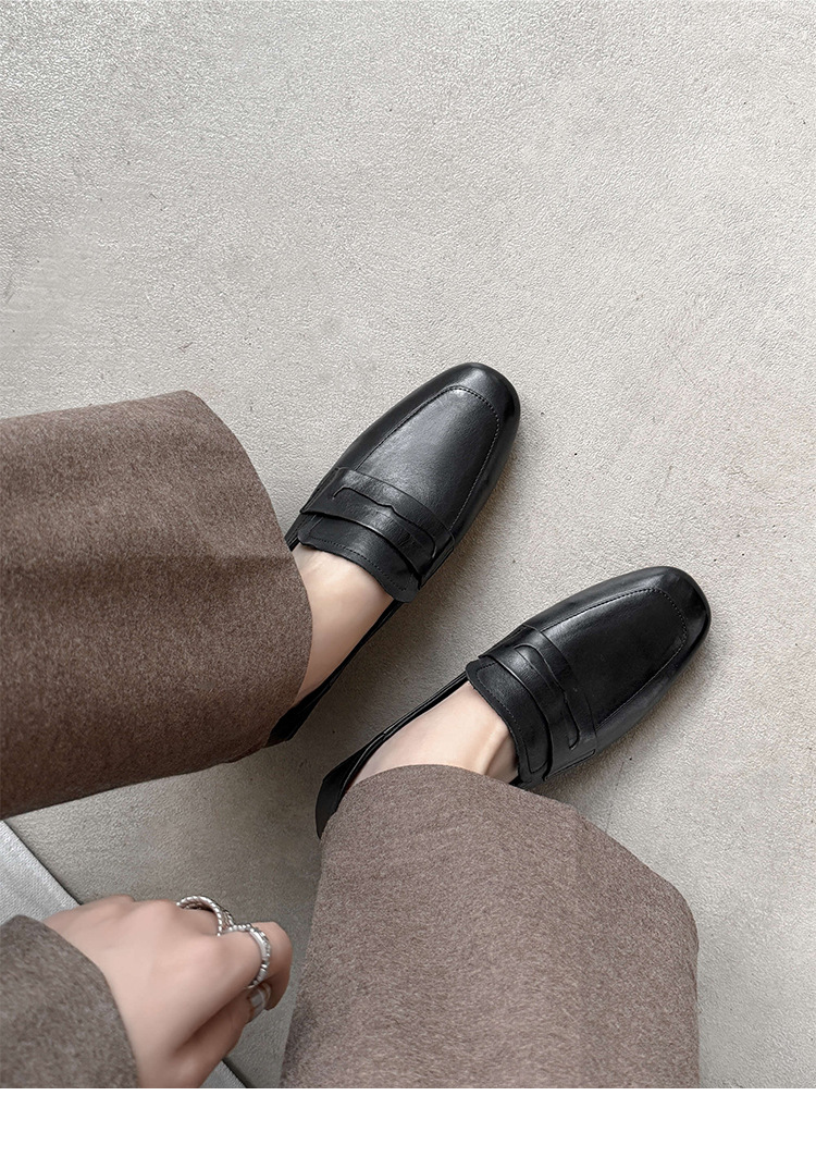 Giày loafer nữ mũi tròn da bò, gót vuông 2.5 cm phong cách Pháp — màu nâu chi tiết 10