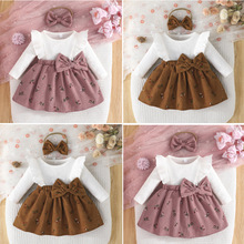 跨境2024春秋季可爱女宝宝小碎花图案长袖坑条连衣裙搭配橡筋头巾